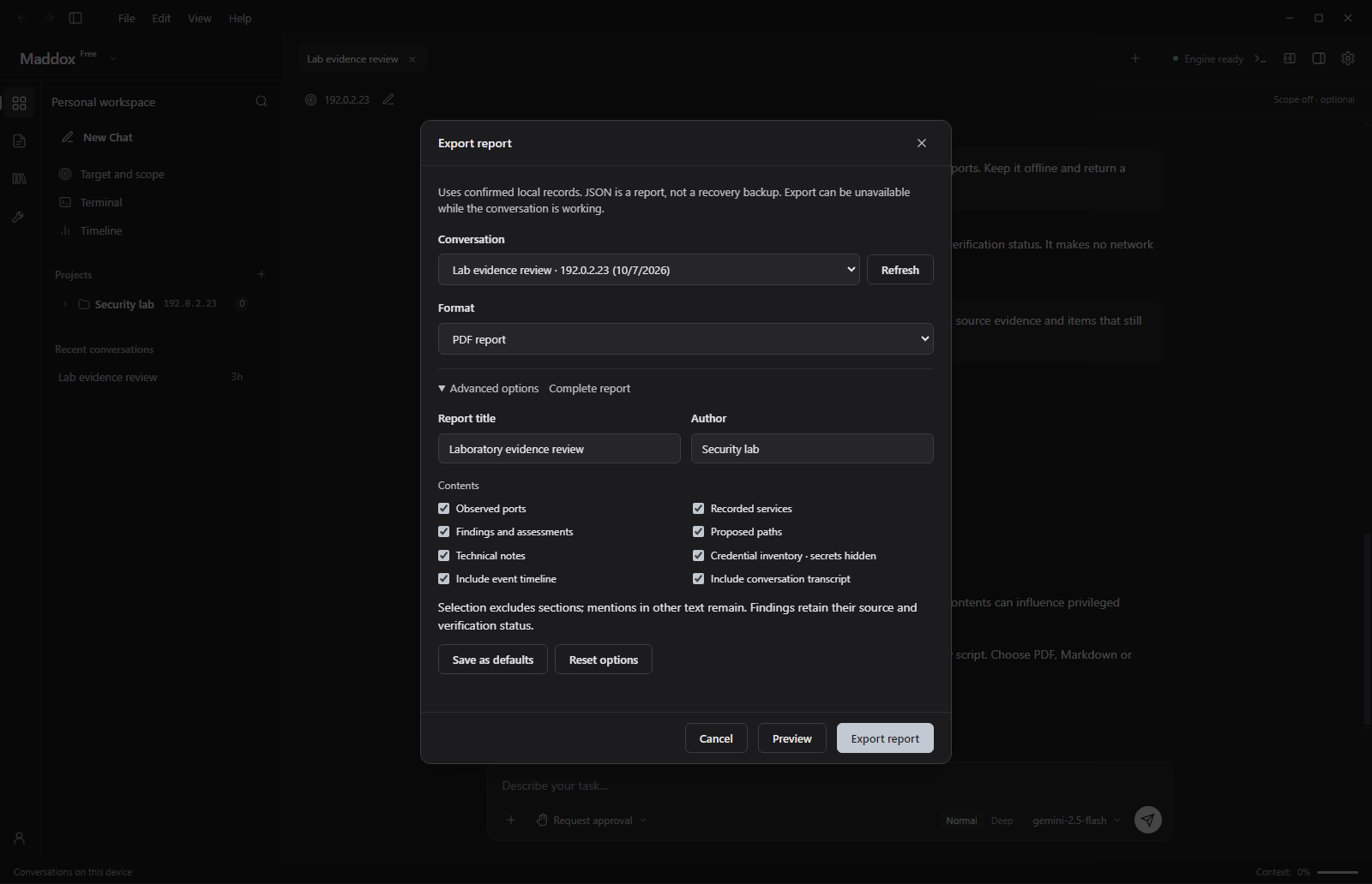 Export Report Modal with Modular Section Toggles